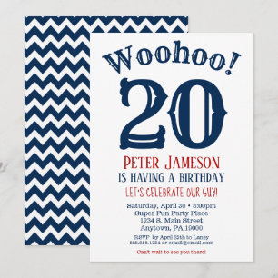 20th Birthday Invitation Mens Navy Blue