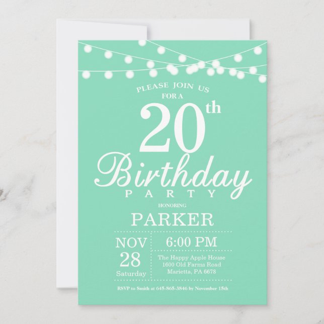 20th Birthday Invitation Mint Green (Front)