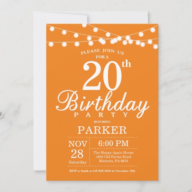 20th Birthday Invitation Orange (Front)