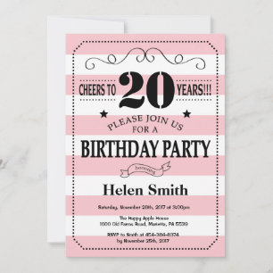 20th Birthday Invitation Pink and White Stripes