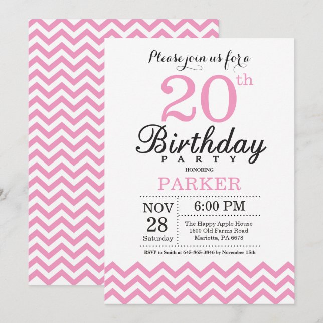 20th Birthday Invitation Pink Chevron (Front/Back)