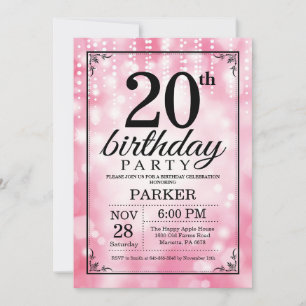 20th Birthday Invitation Pink Glitter
