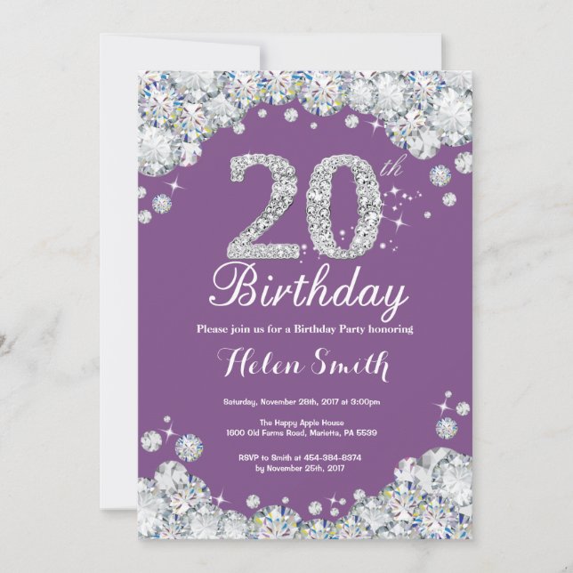 20th Birthday Invitation Purple and Silver Diamond (Front)