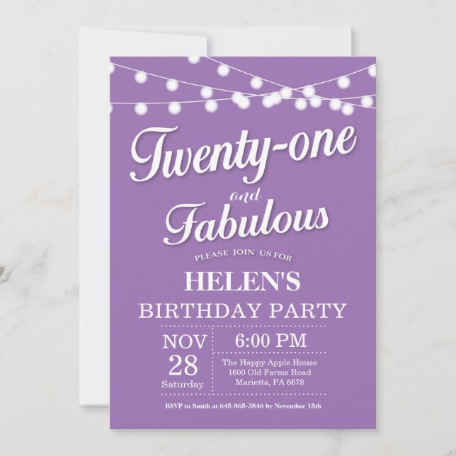 20th Birthday Invitation Purple Fabulous (Front)