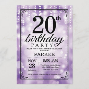 20th Birthday Invitation Purple Glitter