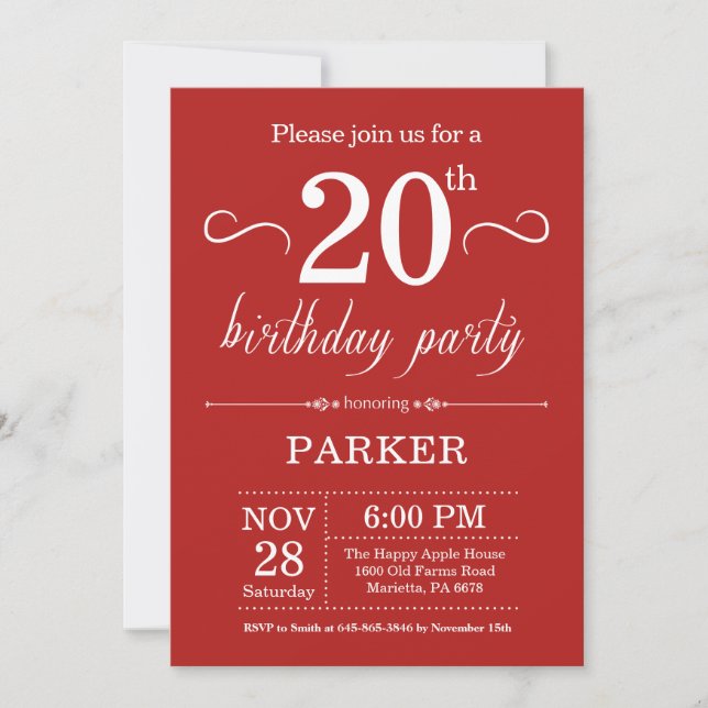 20th Birthday Invitation Red (Front)