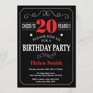 20th Birthday Invitation Red and Black Chalkboard
