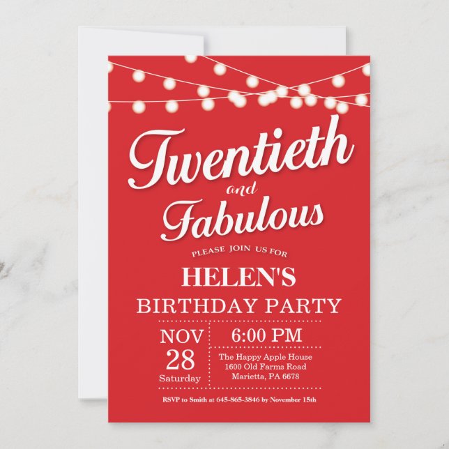 20th Birthday Invitation Red Fabulous (Front)