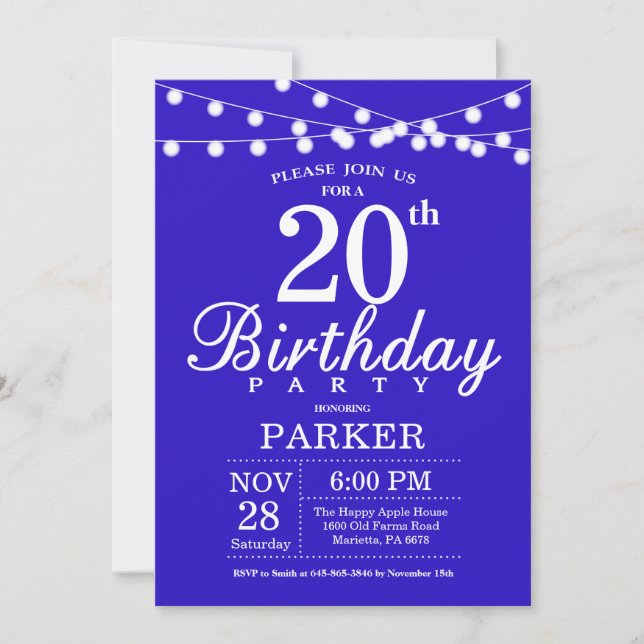 20th Birthday Invitation Royal Blue (Front)
