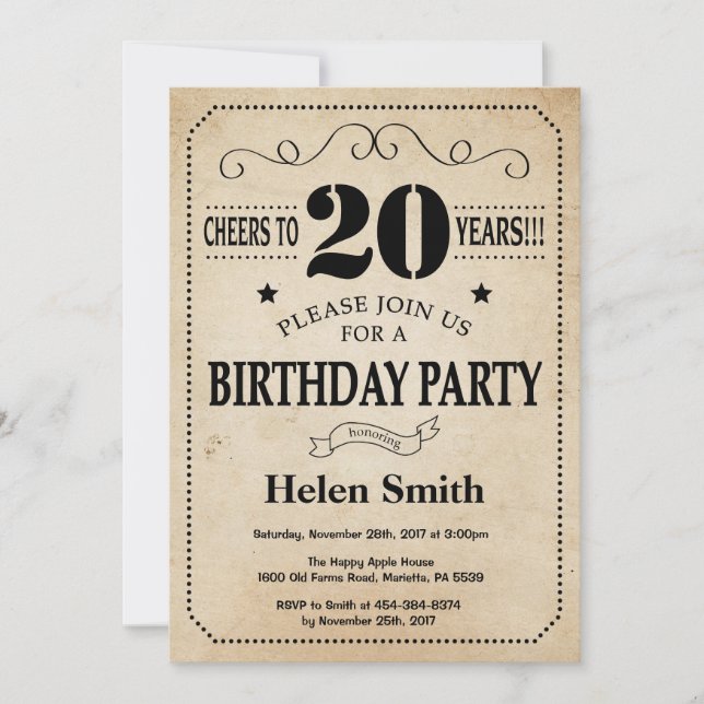 20th Birthday Invitation Rustic Vintage Retro (Front)
