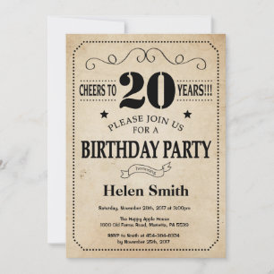 20th Birthday Invitation Rustic Vintage Retro