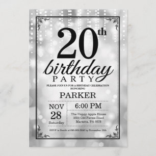 20th Birthday Invitation Silver Glitter