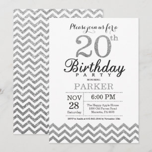 20th Birthday Invitation Silver Glitter