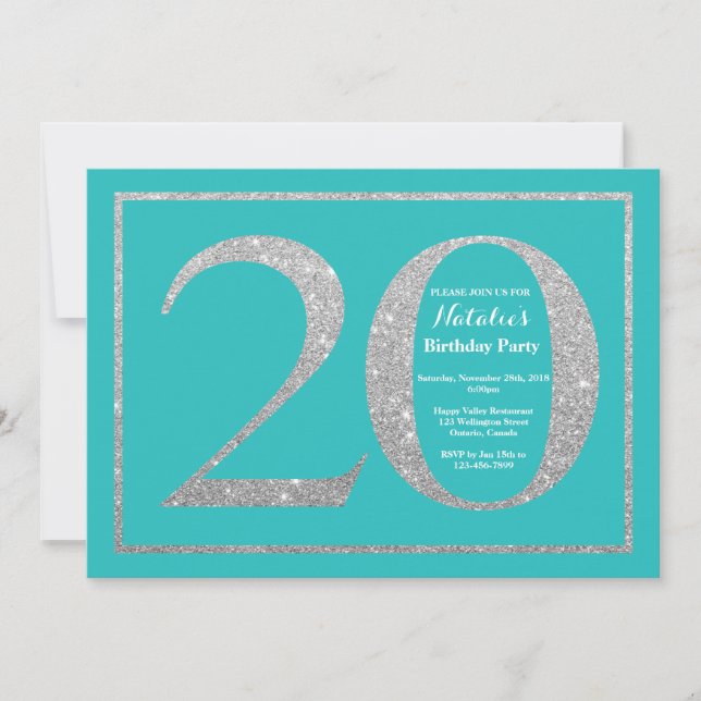 20th Birthday Invitation Teal and Silver Glitter (Front)