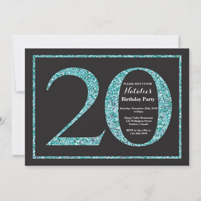 20th Birthday Invitation Teal Glitter Chalkboard (Front)