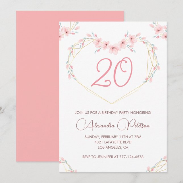 20th birthday invitations Boho Floral Pink (Front/Back)