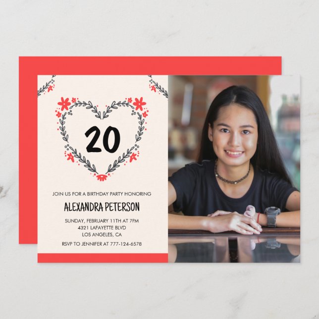 20th birthday invitations for her Floral Heart (Front/Back)
