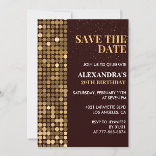 20th birthday invitations Save the date Gold