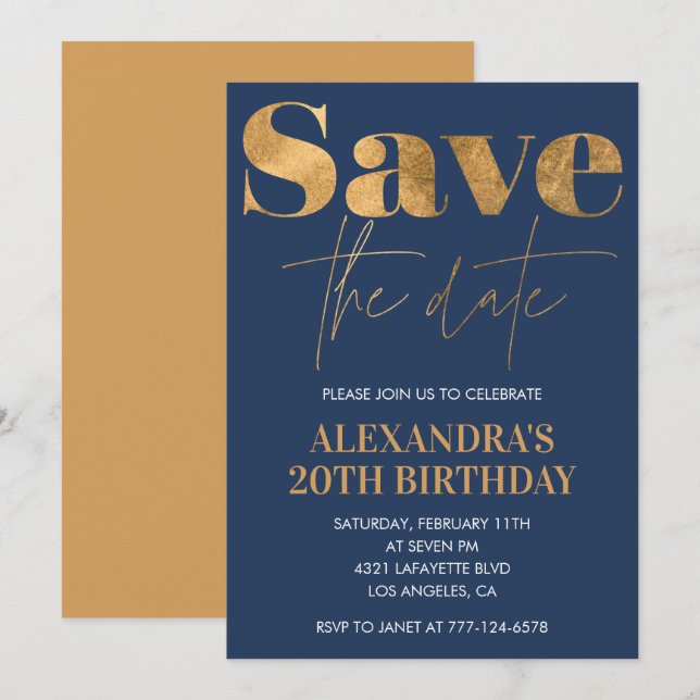 20th birthday invitations Save the date Gold Navy (Front/Back)