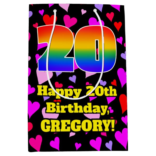 20th Birthday: Loving Hearts Pattern, Rainbow # 20 Medium Gift Bag (Front)