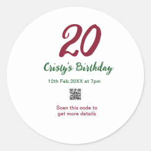 20TH birthday MARON qr code bold retro green Classic Round Sticker
