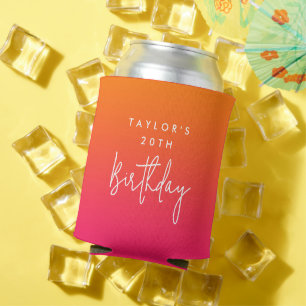 20th Birthday Modern Hot Pink and Orange Ombre Can Cooler