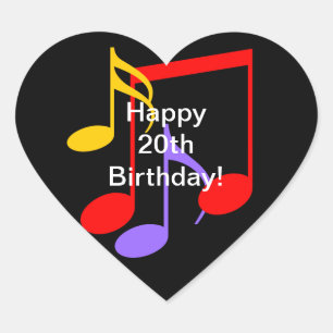 20th Birthday Music Notes  Heart Sticker