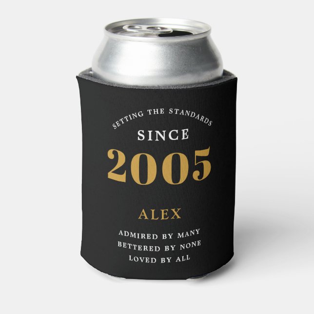 20th Birthday Name 2005 Black Gold Elegant Chic Can Cooler (Can Back)