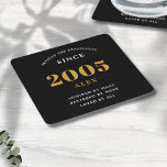 20th Birthday Name 2005 Black Gold Elegant Chic Square Paper Coaster<br><div class="desc">Premium 20th Birthday Black and Gold Personalised Paper Coasters - Celebration Elegance. Celebrate a milestone birthday in style with our chic, premium-quality, 20th Birthday paper coasters. Exquisitely designed with a striking black and gold colour scheme, these coasters add a touch of luxury and sophistication to any 20th birthday bash. Express...</div>