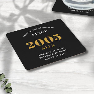 20th Birthday Name 2005 Black Gold Elegant Chic Square Paper Coaster