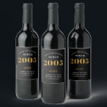 20th Birthday Name 2005 Black Gold Elegant Chic Wine Label<br><div class="desc">2005 Vintage 20th Birthday Black & Gold Elegant Wine Label. Celebrate your milestone with our exclusive birthday wine label. The meticulously designed label with stunning black and gold hues effortlessly enhances the visual appeal of your favourite wine. The year prominently featured on the label, adds a nostalgic throwback to the...</div>