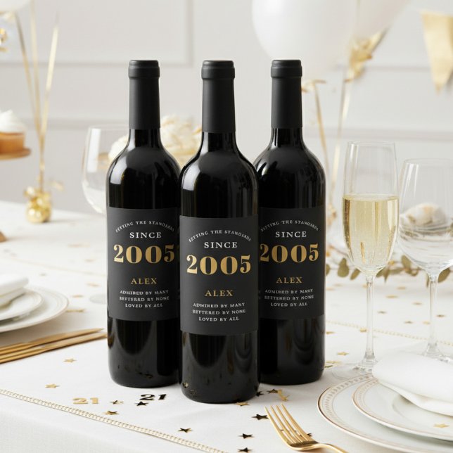 20th Birthday Name 2005 Black Gold Elegant Chic Wine Label (21st birthday wine labels on a white and gold background.)