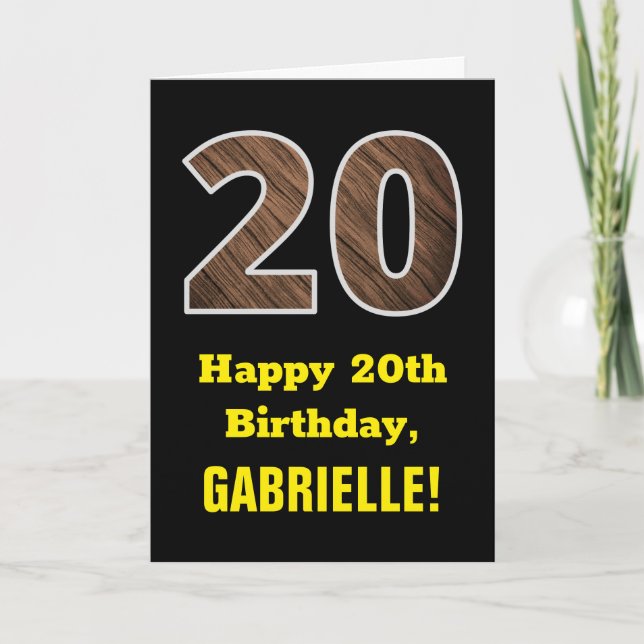 20th Birthday: Name, Faux Wood Grain Pattern "20" Card (Front)