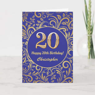 20th Birthday Navy Blue and Gold Floral Pattern Card