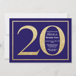 20th Birthday Navy Blue and Gold Glitter Invitation