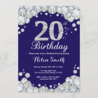20th Birthday Navy Blue and Silver Diamond