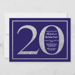 20th Birthday Navy Blue and Silver Glitter Invitation