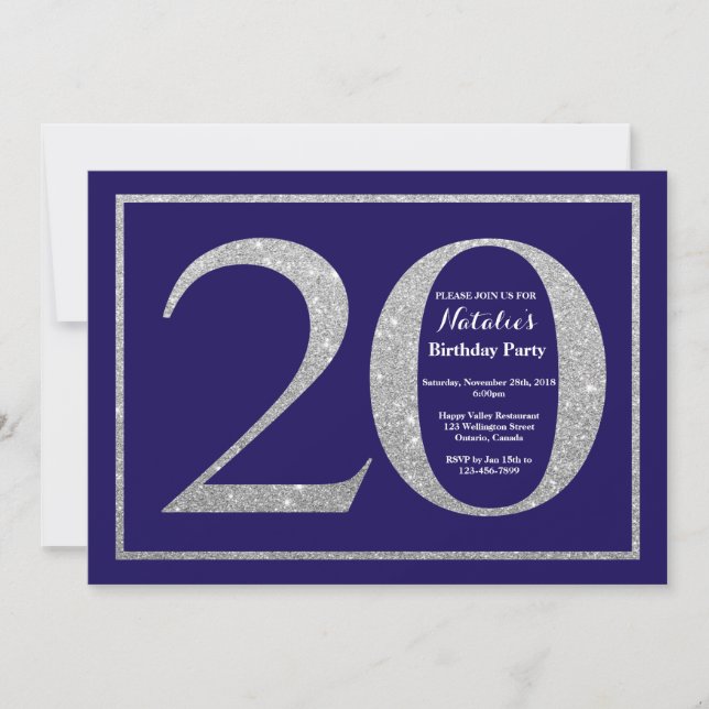 20th Birthday Navy Blue and Silver Glitter Invitation (Front)