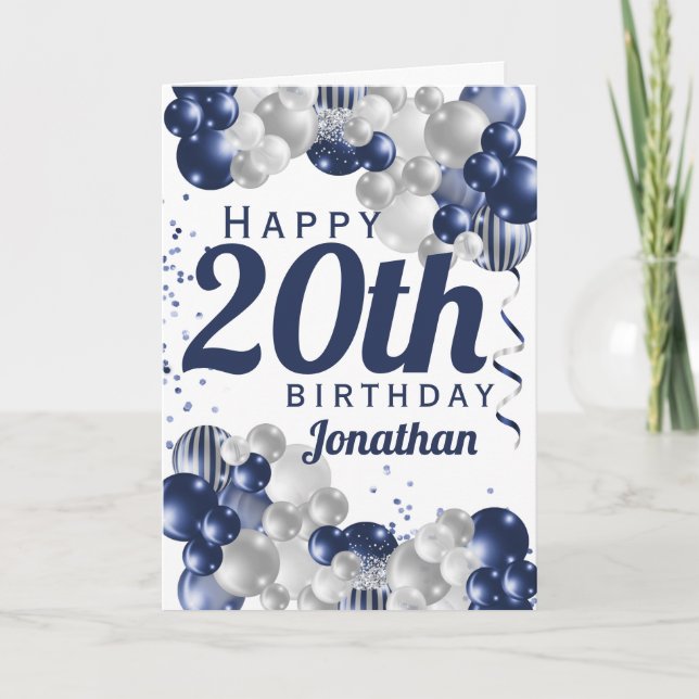 20th Birthday Navy Blue Balloons Card (Front)