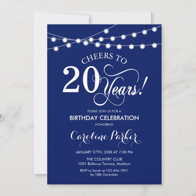 20th Birthday - Navy Blue White Invitation (Front)
