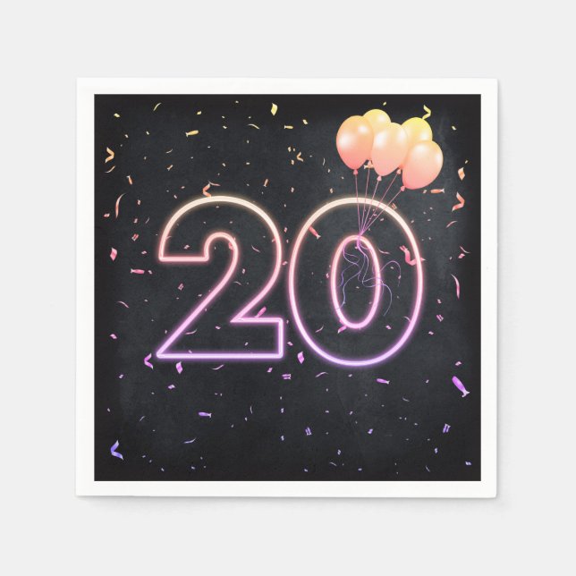 20th Birthday Neon Sign On Black Napkins (Front)