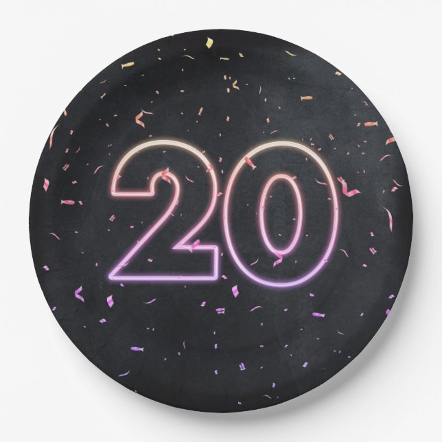 20th Birthday Neon Sign On Black Paper Plate (Front)
