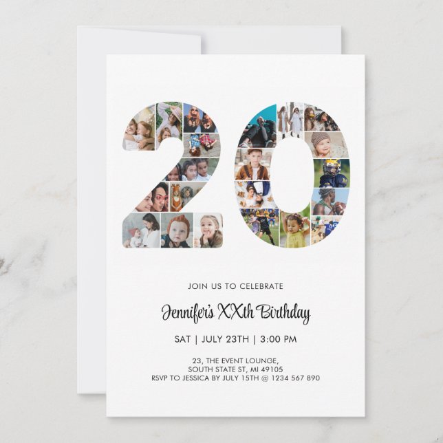 20th Birthday Number 20 Custom Photo Collage Invitation (Front)