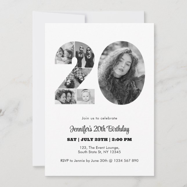 20th Birthday Number 20 Photo Collage Black White Invitation (Front)
