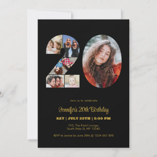 20th Birthday Number 20 Photo Collage Modern Black Invitation