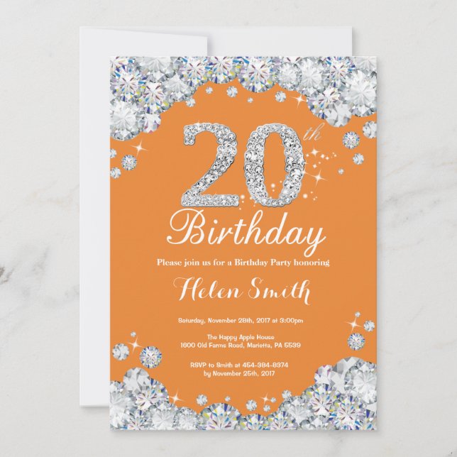 20th Birthday Orange and Silver Diamond Invitation (Front)