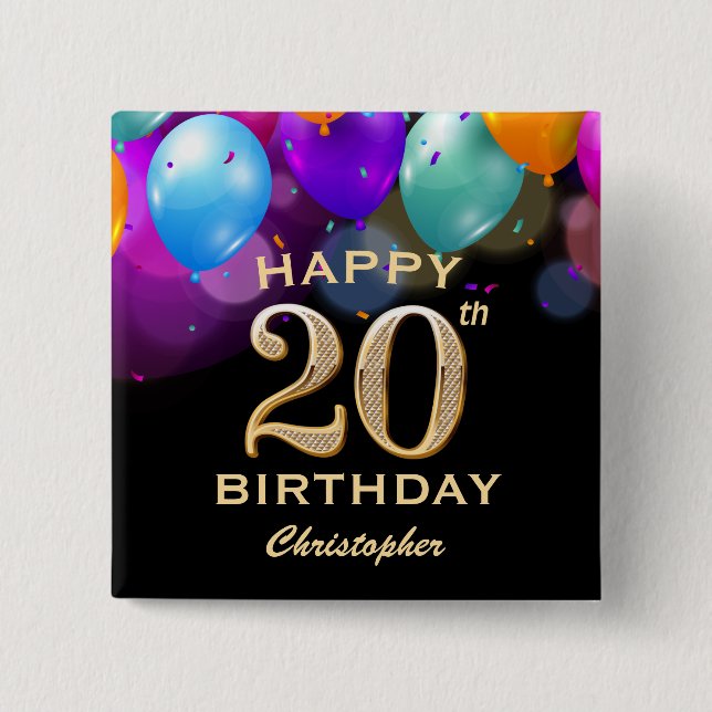 20th Birthday Party Black and Gold Balloons 15 Cm Square Badge (Front)