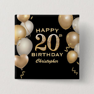 20th Birthday Party Black and Gold Balloons 15 Cm Square Badge