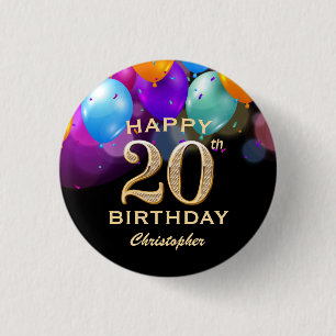 20th Birthday Party Black and Gold Balloons 3 Cm Round Badge
