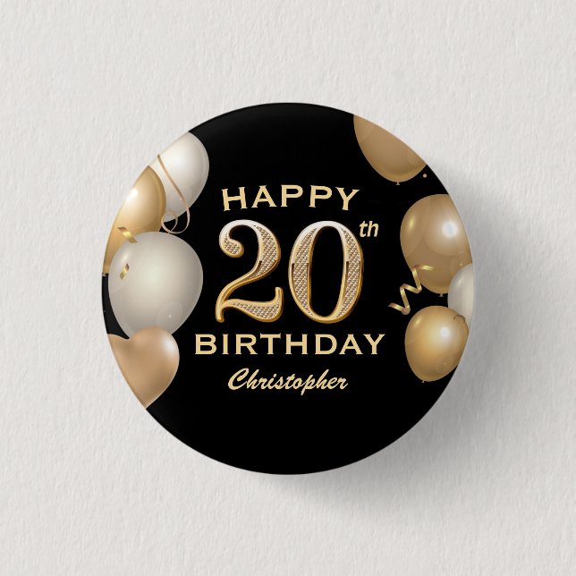 20th Birthday Party Black and Gold Balloons 3 Cm Round Badge (Front)